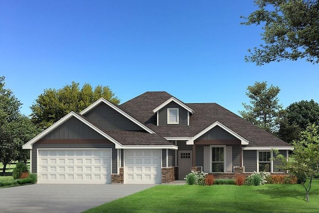 craftsman-style house with a garage, brick siding, driveway, and a front lawn