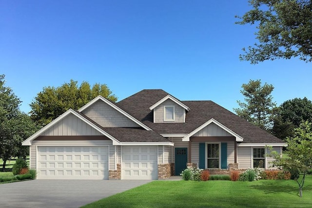 craftsman inspired home with a garage, concrete driveway, roof with shingles, board and batten siding, and a front yard