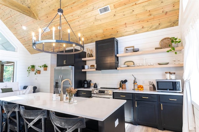 kitchen featuring a breakfast bar area, exhaust hood, wood ceiling, appliances with stainless steel finishes, and open shelves