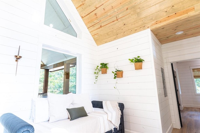 bedroom with lofted ceiling, wood walls, wood ceiling, and wood finished floors