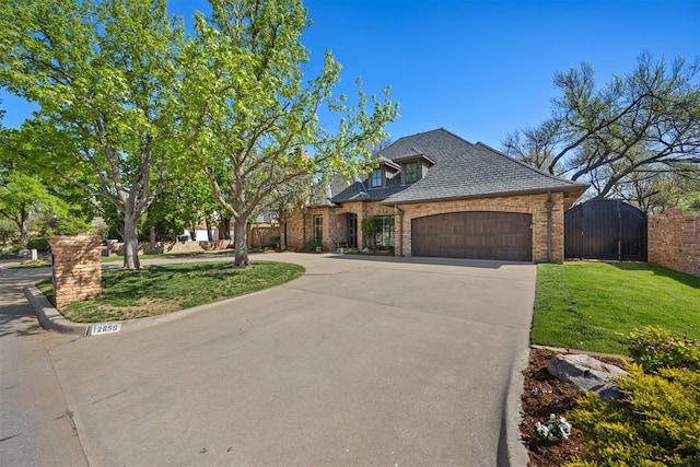 french country inspired facade featuring fence, a front lawn, brick siding, a garage, and concrete driveway