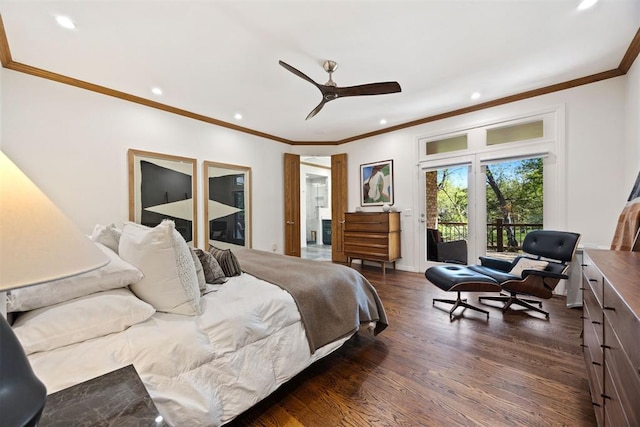 bedroom featuring dark wood-style flooring, recessed lighting, ornamental molding, and access to outside