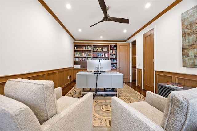 office featuring crown molding, recessed lighting, and wainscoting