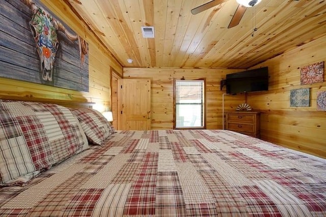 unfurnished bedroom with wood walls, wood ceiling, and visible vents