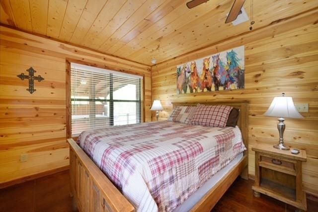 bedroom with wood ceiling, wooden walls, and wood finished floors