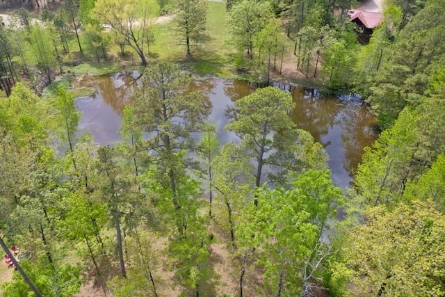 drone / aerial view featuring a wooded view