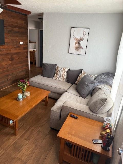 living area with dark wood-style floors, a textured ceiling, and a ceiling fan