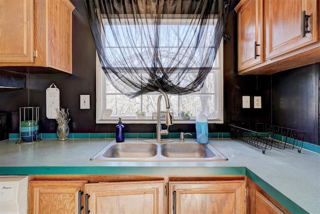 kitchen featuring light countertops, a sink, dishwasher, and light brown cabinetry