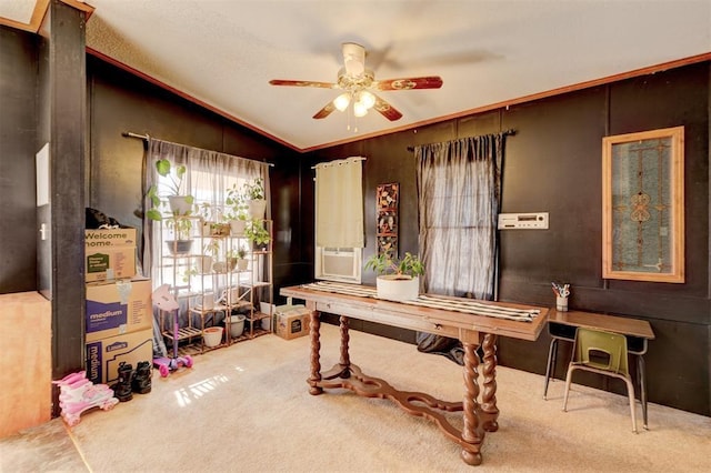 recreation room featuring carpet flooring, vaulted ceiling, and ceiling fan