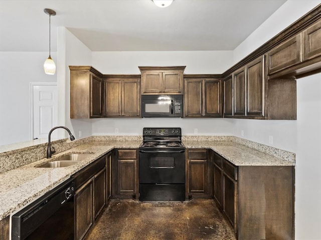 kitchen featuring dark brown cabinetry, decorative light fixtures, light stone countertops, black appliances, and a sink