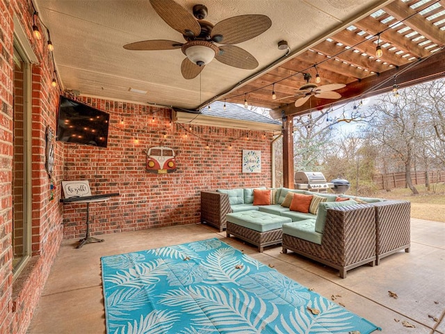 view of patio / terrace with outdoor lounge area, ceiling fan, and a pergola