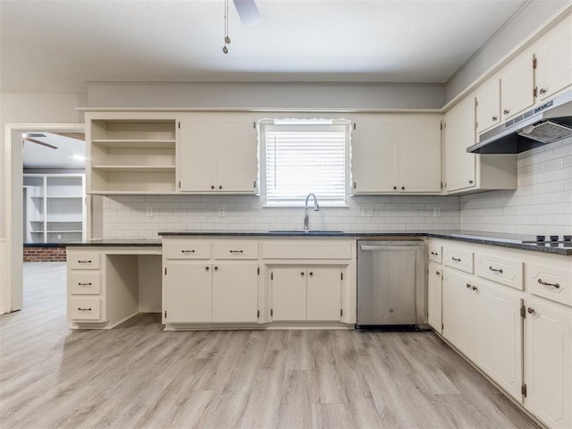 kitchen featuring dishwasher, dark countertops, under cabinet range hood, open shelves, and a sink