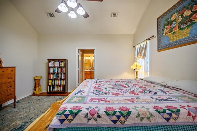 bedroom featuring a ceiling fan, visible vents, vaulted ceiling, and baseboards