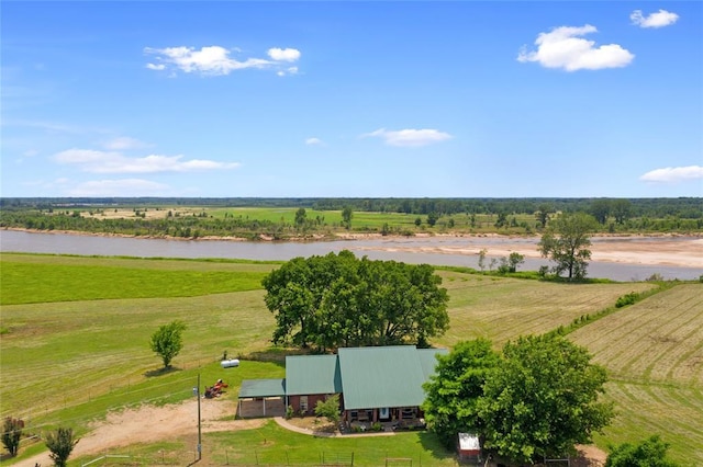 drone / aerial view featuring a rural view and a water view