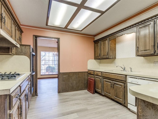 kitchen with dishwasher, a wainscoted wall, light countertops, stainless steel gas stovetop, and a sink