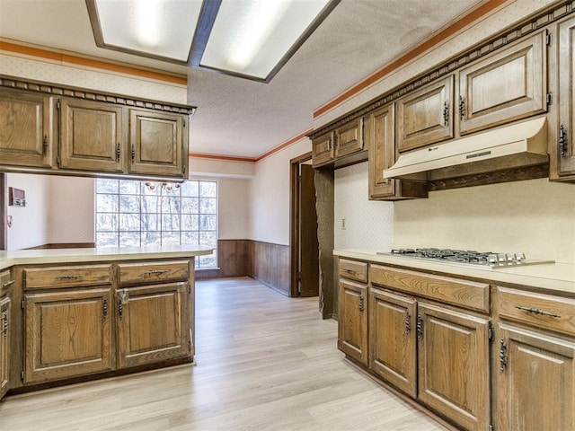 kitchen featuring wainscoting, ornamental molding, light countertops, under cabinet range hood, and stainless steel gas stovetop