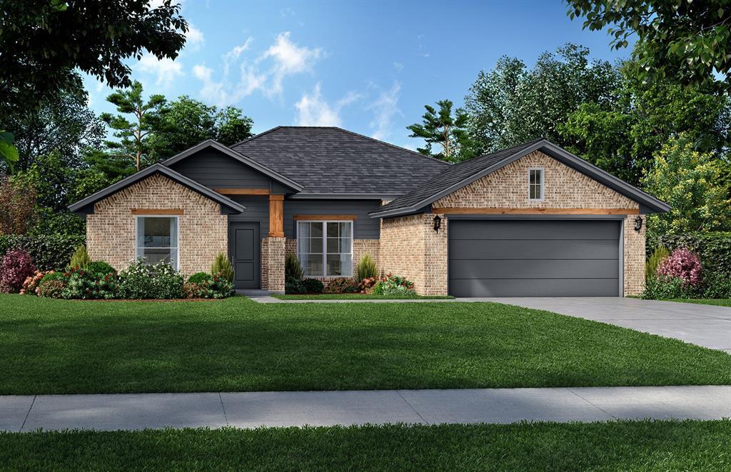 view of front of home with brick siding, a shingled roof, concrete driveway, a garage, and a front lawn