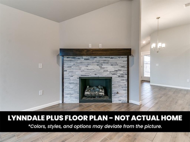 8516 NW 75th St, Oklahoma City, OK 73132 - unfurnished living room with visible vents, an inviting chandelier, vaulted ceiling, wood finished floors, and a stone fireplace