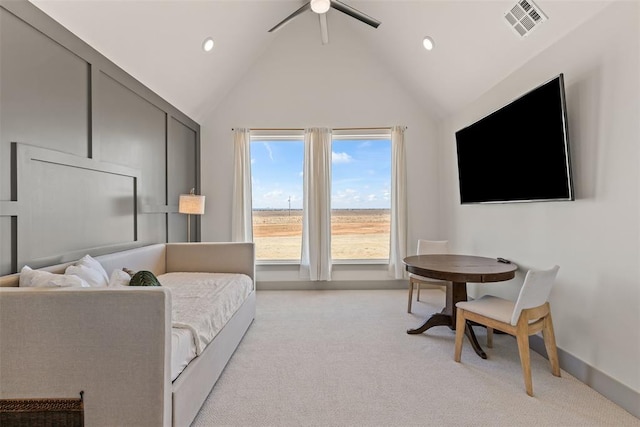 bedroom featuring recessed lighting, visible vents, a ceiling fan, light carpet, and high vaulted ceiling