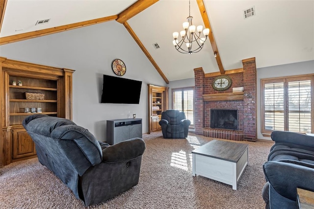 carpeted living room featuring a chandelier, high vaulted ceiling, visible vents, a brick fireplace, and beam ceiling