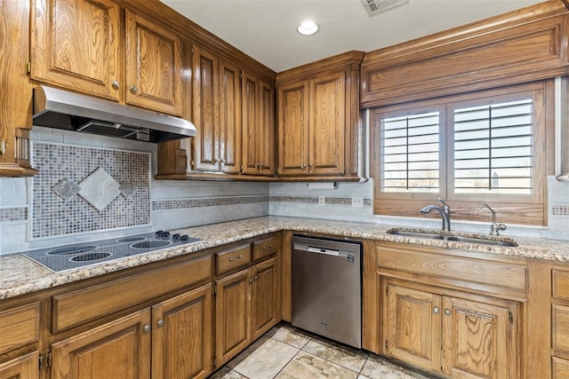 kitchen featuring electric cooktop, dishwasher, light stone counters, under cabinet range hood, and a sink