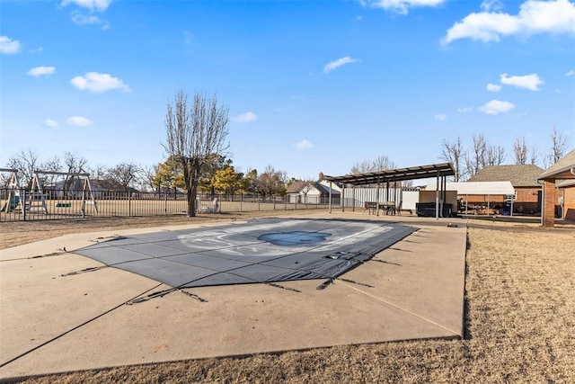 community pool with playground community, fence, a patio, and a pergola