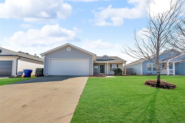 single story home with driveway, an attached garage, and a front yard