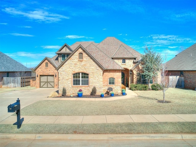 french country style house with an attached garage, a shingled roof, fence, concrete driveway, and stone siding