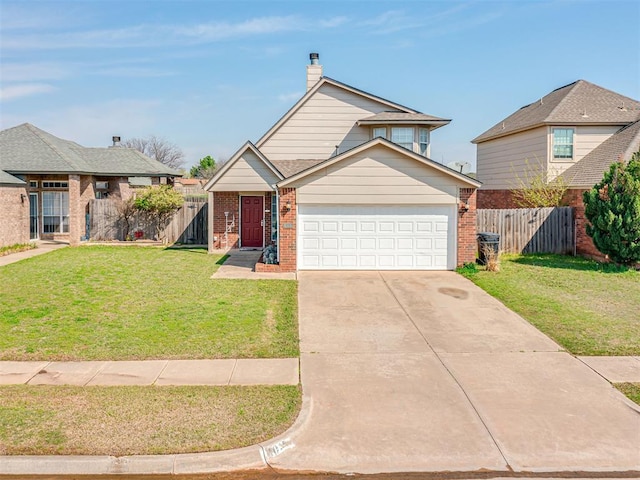 view of front of property with brick siding, fence, driveway, a front lawn, and a chimney