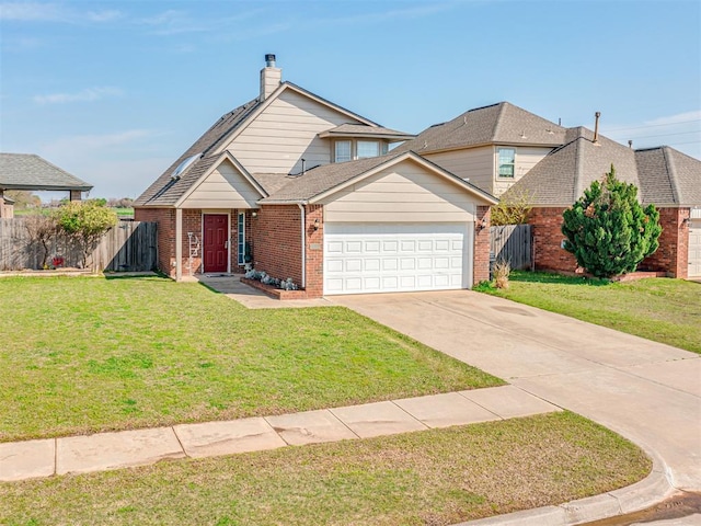 traditional-style home with brick siding, an attached garage, a front yard, fence, and driveway