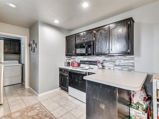 kitchen with washer / dryer, white electric range oven, a peninsula, light countertops, and black microwave