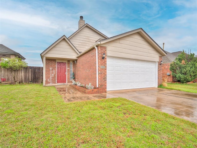 ranch-style home with a garage, brick siding, driveway, a front lawn, and a chimney