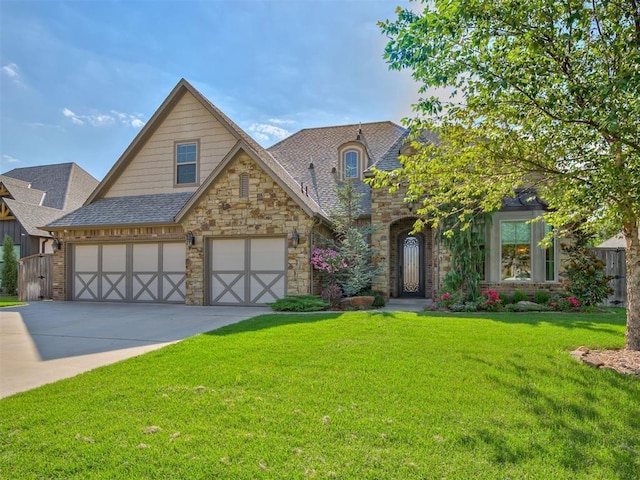 view of front of property featuring driveway, stone siding, roof with shingles, and a front yard