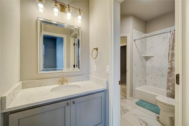 full bathroom with marble finish floor, shower / tub combo, vanity, and toilet