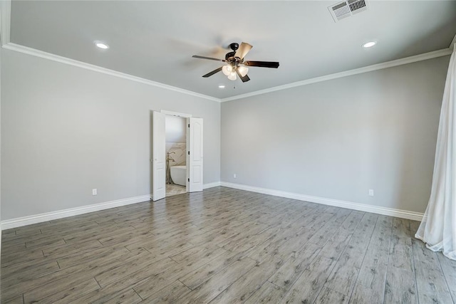 unfurnished room featuring baseboards, visible vents, ceiling fan, and light wood finished floors