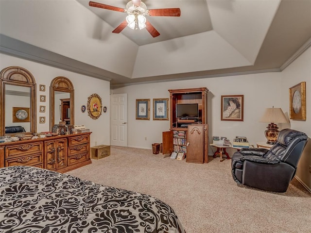 16632 Parkhurst Rd, Edmond, OK 73012 - carpeted bedroom featuring a raised ceiling, a ceiling fan, and lofted ceiling