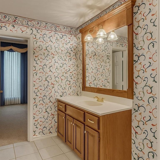 16632 Parkhurst Rd, Edmond, OK 73012 - bathroom with wallpapered walls, vanity, and tile patterned flooring