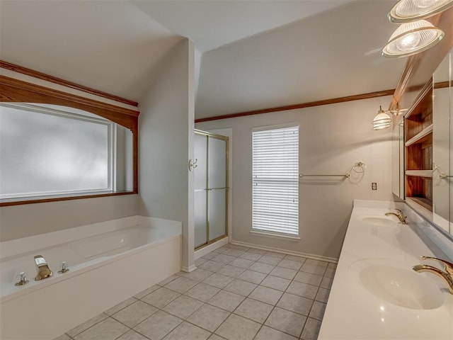 16632 Parkhurst Rd, Edmond, OK 73012 - full bath featuring a bath, a shower stall, double vanity, tile patterned flooring, and ornamental molding