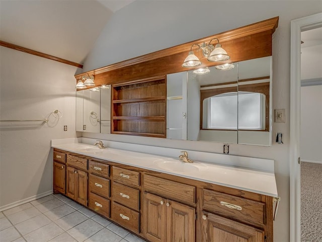 16632 Parkhurst Rd, Edmond, OK 73012 - bathroom with double vanity, lofted ceiling, and tile patterned flooring