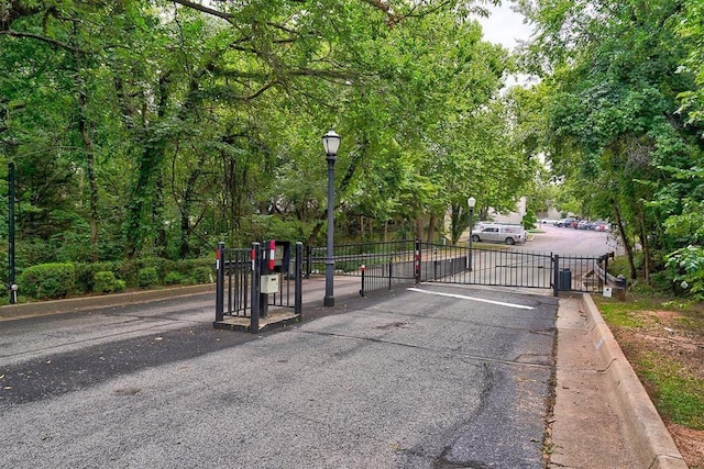 view of street featuring street lights, a gated entry, and a gate