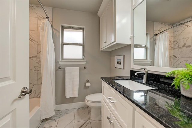 12709 Pinewood Ln, Oklahoma City, OK 73142 - bathroom featuring shower / bath combo, toilet, baseboards, marble finish floor, and vanity
