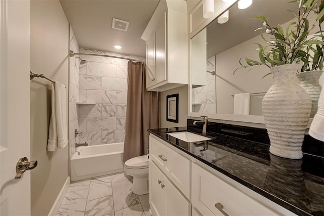 12709 Pinewood Ln, Oklahoma City, OK 73142 - bathroom featuring marble finish floor, visible vents, toilet, vanity, and baseboards