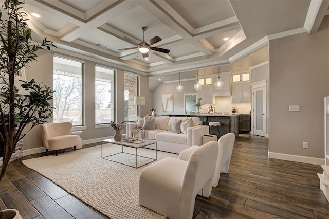 12709 Pinewood Ln, Oklahoma City, OK 73142 - living room with baseboards, a ceiling fan, visible vents, and dark wood-style floors