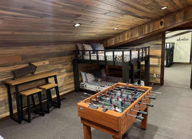 playroom featuring wooden ceiling, wood walls, carpet flooring, and recessed lighting