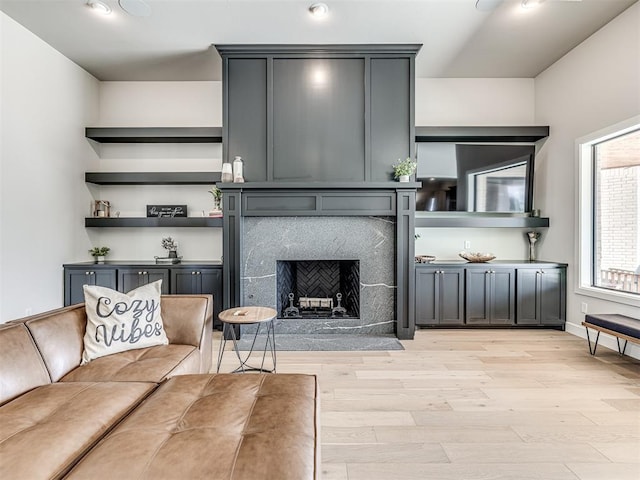 living area featuring light wood finished floors and a fireplace