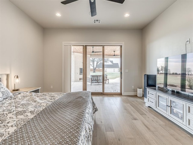 bedroom featuring light wood-style flooring, recessed lighting, visible vents, and access to exterior