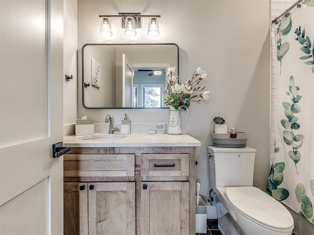 bathroom featuring vanity, toilet, and a shower with curtain