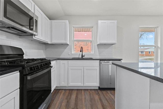 kitchen featuring appliances with stainless steel finishes, plenty of natural light, a sink, and white cabinets