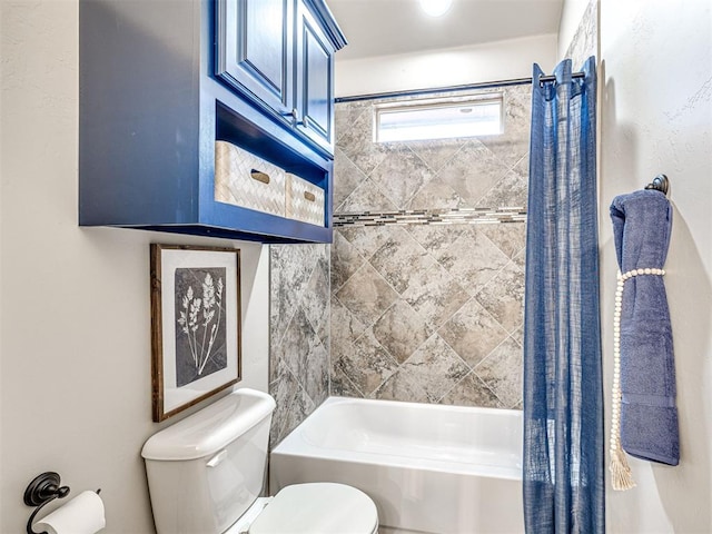 bathroom featuring toilet and shower / tub combo with curtain