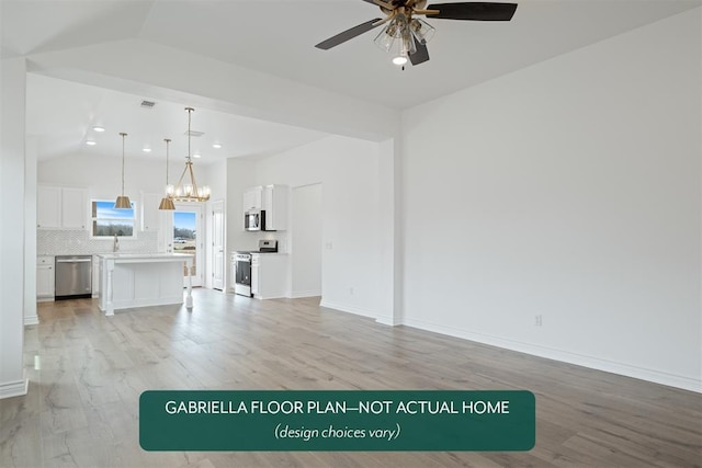 unfurnished living room with lofted ceiling, light wood-style flooring, a sink, baseboards, and ceiling fan with notable chandelier